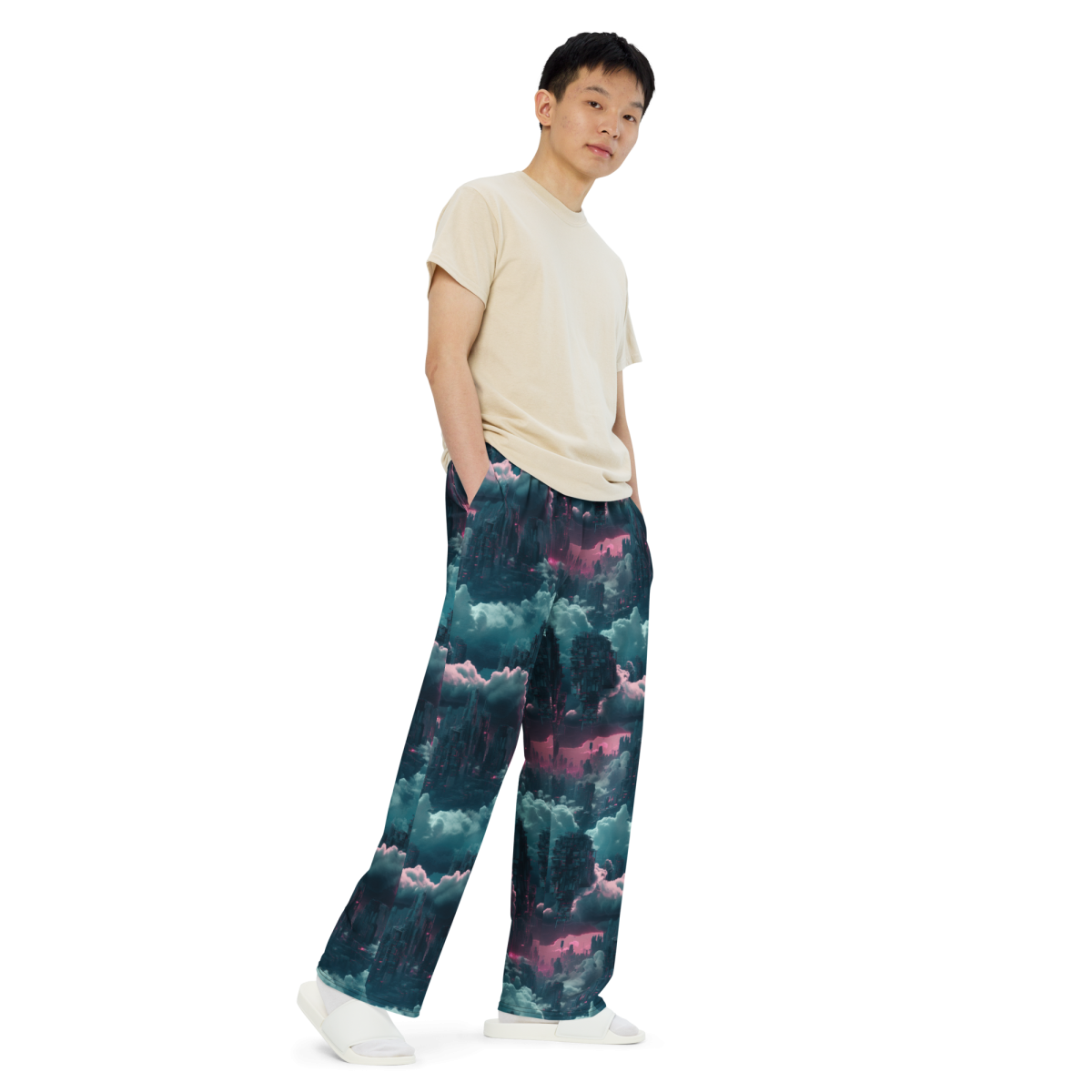 Cloudy City - Blue/Magenta - Unisex Wide-Leg Pant - Image 3