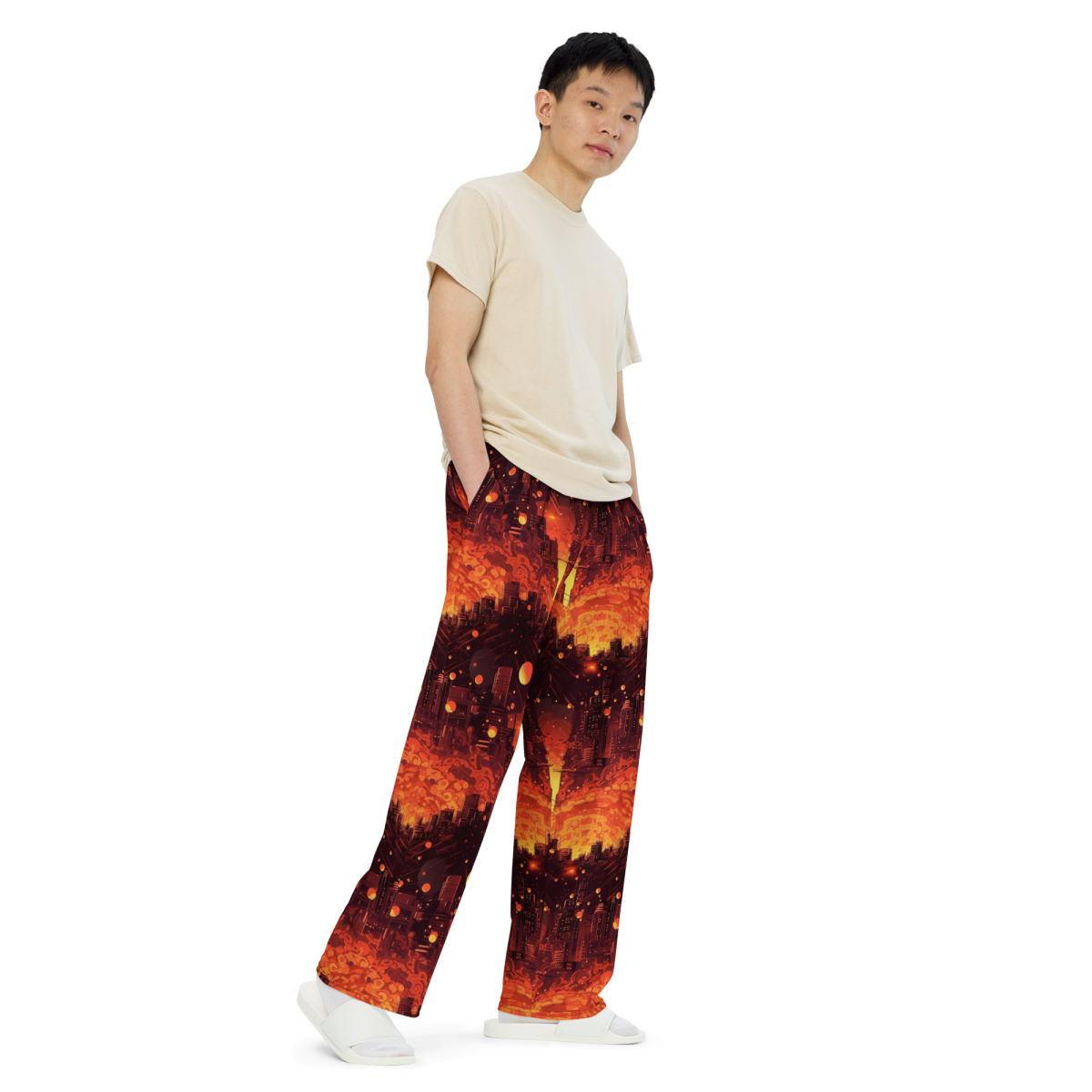 Spiral Flame - Orange/Black - Unisex Wide-Leg Pant - Image 3